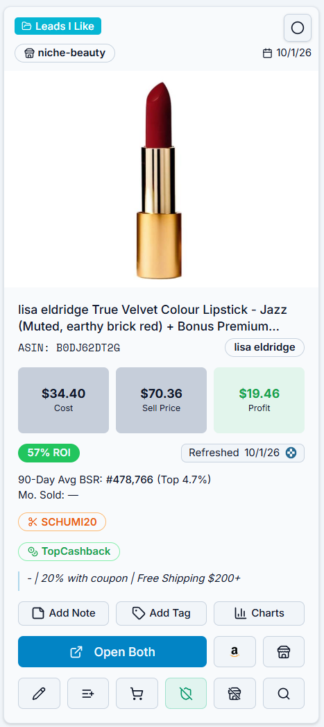 Example lead card with list badge, supplier, date, image, title, prices, ROI, rank, coupon, cashback, note and buttons